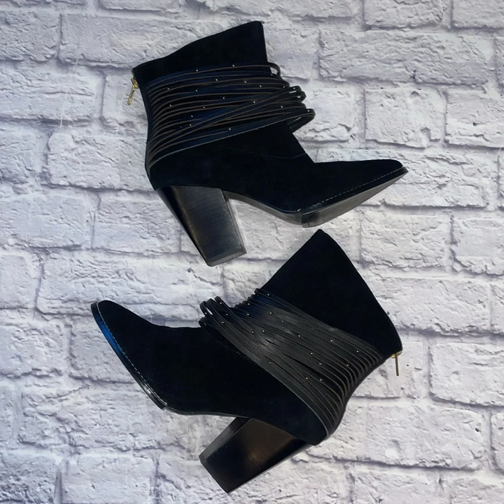Kelsi Dagger Suede Black Back Zip Block Heel Studded Straps Pointed Toe Size 10M
